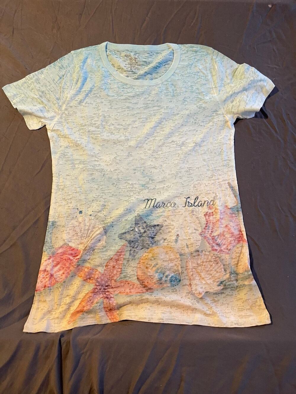 Blue 84 T-Shirt Womens M Marco Island Seashell Starfish Beach Graphic Tee